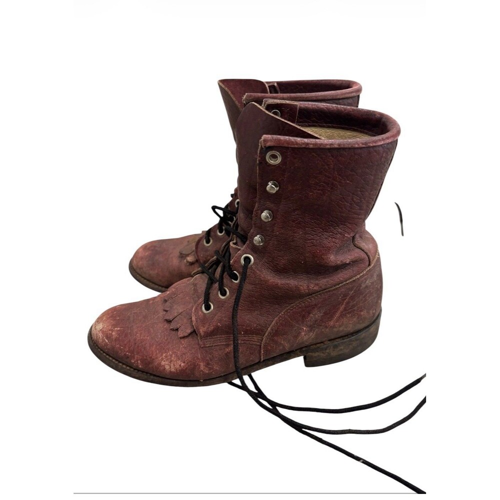 Vintage Justin Red Leather Lace Up Kiltie Ankle Roper Boots Womens Size 6.5C USA